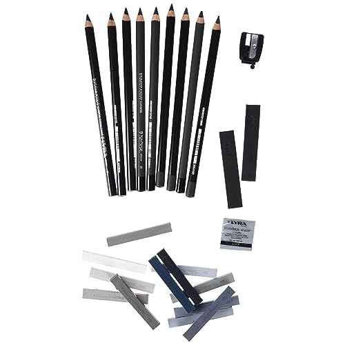 LYRA - Metal Box Grey Shades 9 Assorted Pencils Charcoal Sepia Blood 12 Assorted Painting Crayons and Accessories
