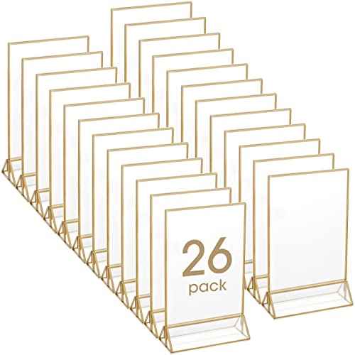 Maitys 26 Pieces 4x6 Gold Picture Frame Clear Acrylic Sign Holder with Gold Borders and Vertical Stand Double Sided Wedding Table Number for Wedding, Menu Holder, Photos Display
