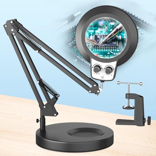 12X Magnifying Glass with Light Hands Free, 2025 New Upgrade Infinite Color and Brightness Magnifying Desk Lamp & Clamp, 2-in-1 LED Lighted Magnifier Stand for Craft Reading Hobby Close Work