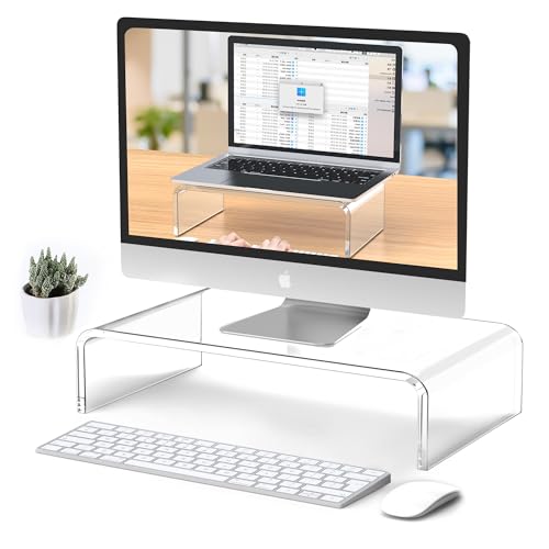 Acrylic Monitor & Laptop Stand Riser - Clear Computer & Laptop Stand for Desk - Compatible with iMac, MacBook & All Notebooks - White Aesthetic Decoration for Office & Home