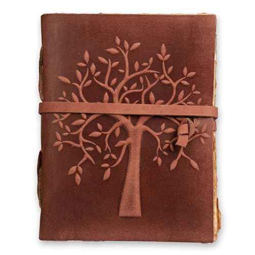 LEATHER VILLAGE Tree of Life Journal - 10 X 7 inches - Red Brown - 200 Antique Deckle Edge Handmade Paper ? Book of Shadows - Vintage Leather Bound Journal for Women & Men