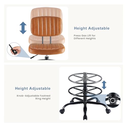 DUMOS Brown Armless Drafting Chair with Adjustable Height & Rolling Casters