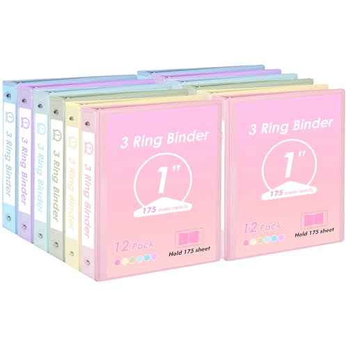 EOOUT 1 inch 3-Ring Binder 12 Pack Assorted Pastel Color with 2 Pockets Inside, Fits 11 x 8.5 Inch Paper with 175 Sheets Capacity, for Office, Home, School Project