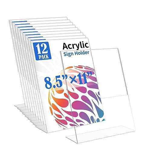 12 Pack Acrylic Sign Holder 8.5 X 11, L Shape Clear Sign Holder, Clear Plastic Sign Holder Picture Photo Frames, Flyer Document Paper Display Stand for Office Desktop