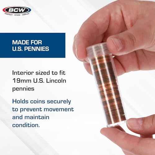 BCW Coin Tubes for US Pennies - 50ct | Holds Lincoln Penny | Durable Plastic Tube Coin Holders | Coin Collecting Supplies | Penny Coin Tubes
