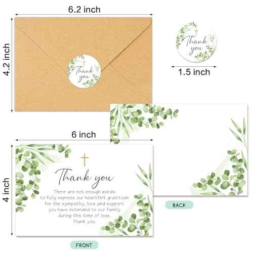 50Pcs Funeral Sympathy Thank You Cards with Envelopes and Matching Seal Stickers, Green Leaf Cross Bereavement Card with Message for Memorial Service Loved Ones Celebration of Life