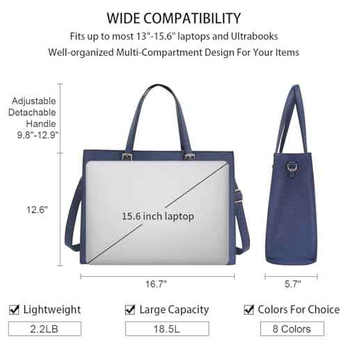 Laptop Bag for Women Waterproof Lightweight Leather 15.6 Inch Computer Tote Bag Business Office Briefcase Large Capacity Handbag Shoulder Bag Professional Office Work Bag Blue