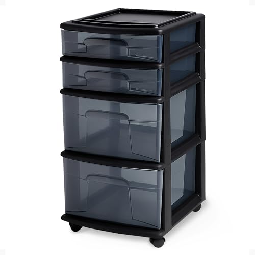 HOMZ 4-Tier Drawer Tower Storage Cart All Black with Removable Wheels - Made in USA