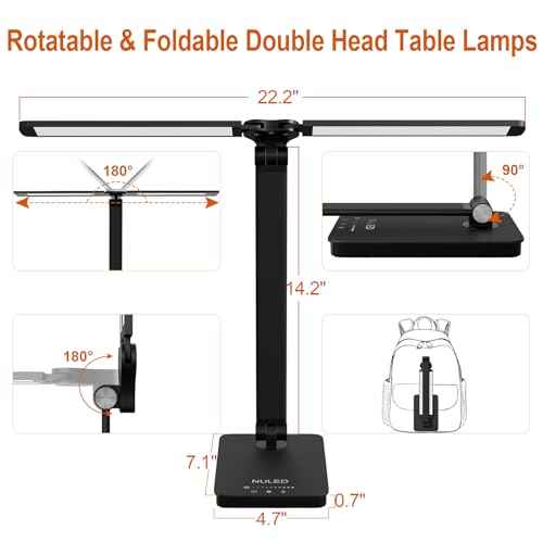 NUNET Double Head LED Desk Lamp, 10W Dimmable Piano Stand Light with Dual Swing Arms, USB Charging Ports, Battery Powered Cordless Table Lamp for Upright Piano, Music Stand, Camping, Home & Office