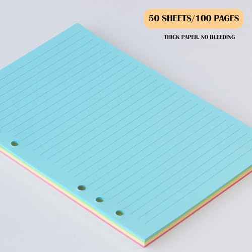 A5 Colorful Lined Filler Paper, 6-Hole Punched, 120GSM Loose-Leaf Paper and Planner Inserts for Notebooks, Journals, and Study Notes,50 Sheets/100 Pages
