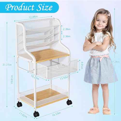 Small Rolling Craft Cart with Drawer, White Utility Art Cart, Metal Storage Cart with Lockable Wheels, 6 Tiers Paint Organizer for Art Supplies, Store for Brushes Paints Artifacts Small Parts