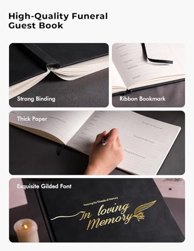 Funeral Guest Book - Celebration of Life Memorial Book, Black Vegan Leather