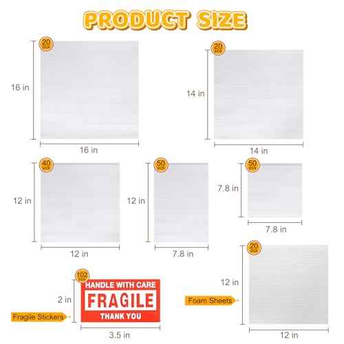 302 Pcs Packing Moving Foam Pouches & Sheets, 5 Sizes Cushion Foam Wrap Pouches with Fragile Stickers for Protect Dishes Cup Glasses Storage Supplies (7.8X7.8", 7.8X12", 12X12", 14X14", 16X16")