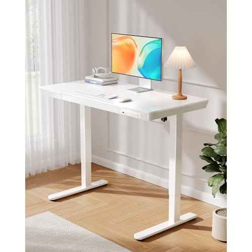ErGear Electric Standing Desk with Drawers & USB Charging Ports, 48 x 24 Wood Height Adjustable Desk Whole Piece Home Office Computer Desk, White