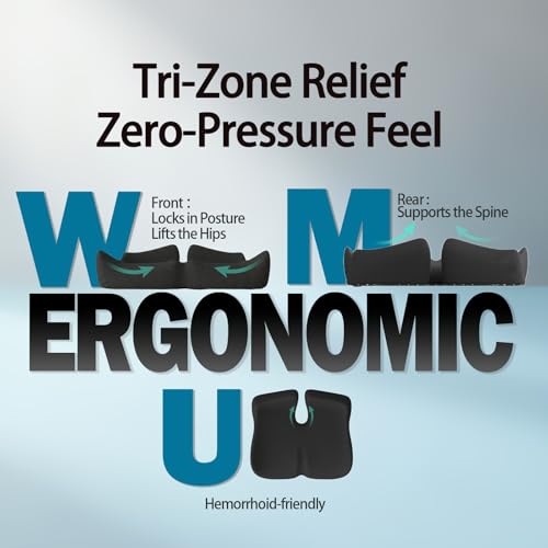 GLEEWARM Extra Large Black Seat Cushion for Sciatica, Tailbone & 10-Hour Pain Relief
