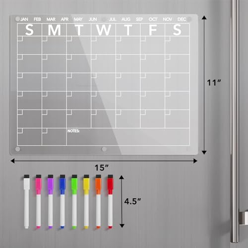 Neatsure 15x11 Inch Acrylic Magnetic Dry Erase Calendar - Monthly Fridge Planner with 8 Markers