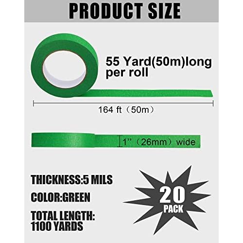 Fainne 20 Pcs Green Painters Masking Tape Bulk 1 Inch x 55 Yard, General Purpose Paint Band Removable Adhesive Tape Multi Surface Roll for Painting Labeling School Supplies
