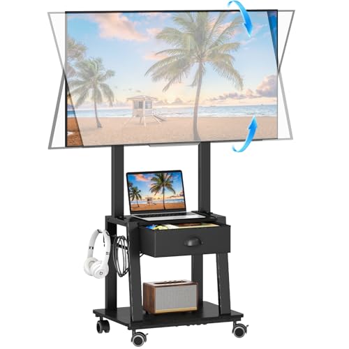 Aokitsink Mobile TV Stand with Drawer for 23-60 Inch TVs, Tilt Rolling Cart, 2 Shelves, Height Adjustable, 50 lb Capacity, VESA 400x400mm – Black