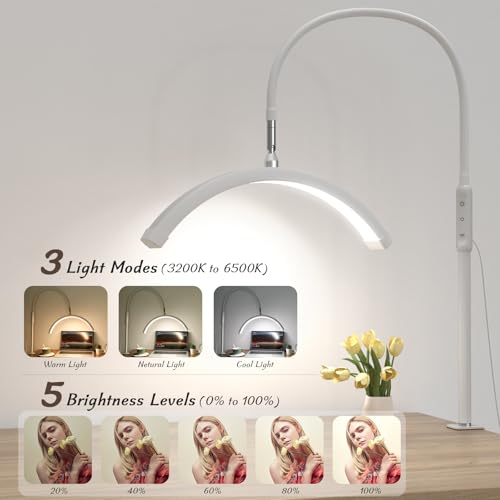 Half Moon Light with Clamp, LED Manicure Table Lamp, Desk Lamp for Nail Desk, Eyelash Extensions, Skincare and Tattoo, 5 Brightness Levels and 5 Color Modes, Remote Control (White)