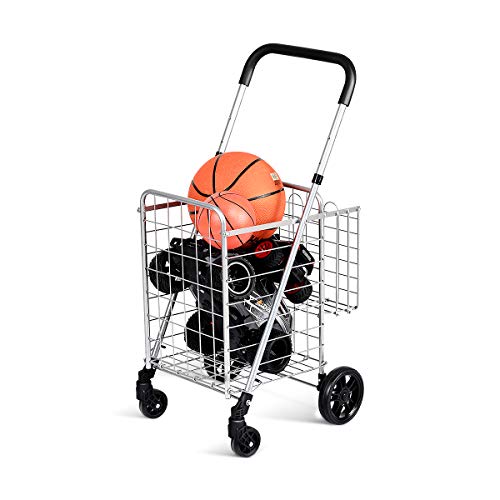 PETSITE Foldable Shopping Cart, Utility Cart Double Basket Cart for Grocery Laundry Travel with Swivel Wheels