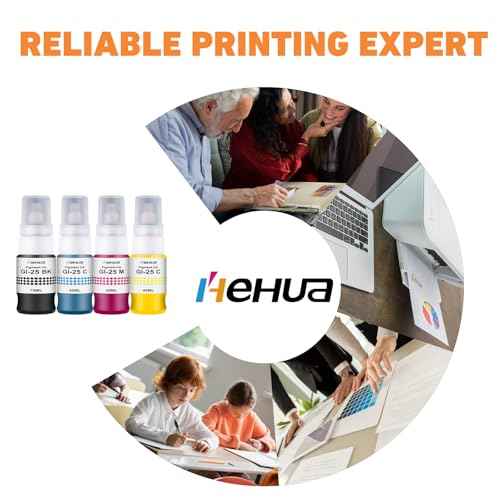 hehua Pigment GI-25 GI25 Ink Refill Bottles Replacement for Canon 25 GI-25 Ink Bottles Compatible with Canon GX2020 GX1020 Ink Megatank Printers 4 Pack 190ML (Black Cyan Magenta Yellow)