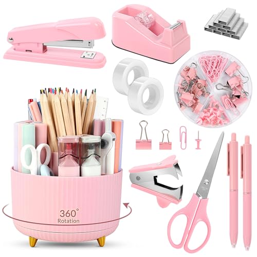 Pink Desk Accessories Set with Rotating Pen Holder & Office Supplies - 11 Pieces