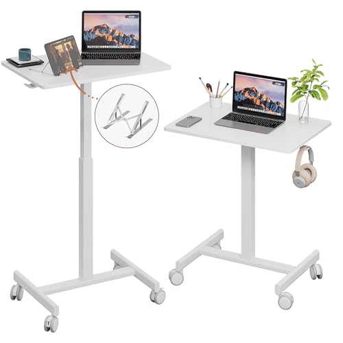 Mobile Small Standing Desk, Gas Spring Adjustable Height Rolling Portable Laptop Desk with Lockable Wheels, Computer Workstation, Rolling Podium (White, 17.8 * 25.5)