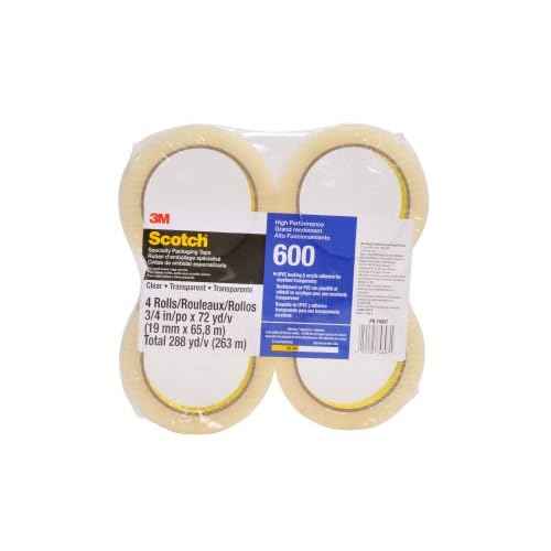3M Scotch Light Duty Packaging Tape 600 Clear High Clarity, 3/4 in x 72 yd