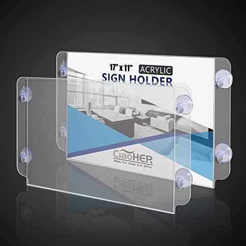 CiaoHER Acrylic Window Sign Holder 17 x 11, Clear Acrylic Frames Glass Window Mount Advertising Signage Sign Holder with 4 Suction Cups for Mall, Office, Home, Restaurant, Landscape £¨2 Pack£©