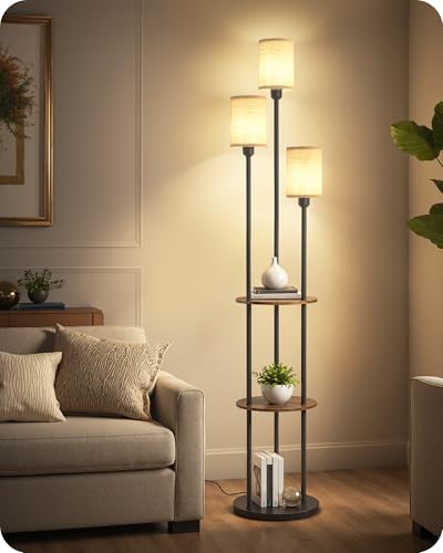 GOEBLESON Rustic Brown Beige 70.9-inch Floor Lamp with Shelves & Linen Shades