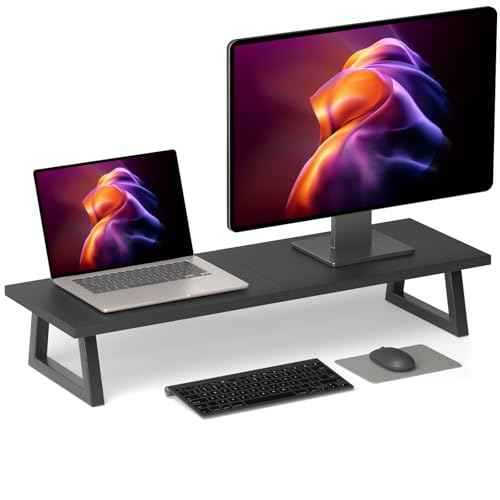 TEAMIX 31.5 inch Dual Monitor Riser, Long Black Monitor Stand Riser Wide TV Stand Riser Monitor Stand for 2 Monitors Wood & Steel Desktop Riser Desk Organization Home Office