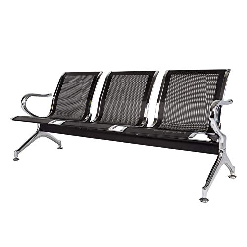 Buenotoys 3-Seat Waiting Room Bench with Arms, Black Mesh Back - Reception/Lobby Chairs