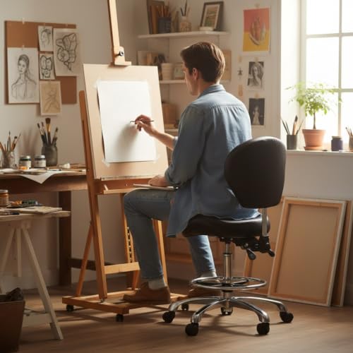 Kaleurrier Adjustable Drafting Stool with Back Support & Foot Rest - Black