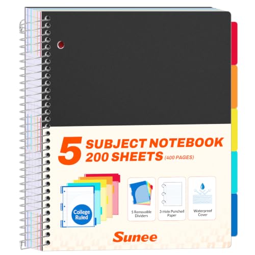 SUNEE Black College Ruled Notebook 400 Pages, 9x11 with 5 Dividers & 3-Hole Punched