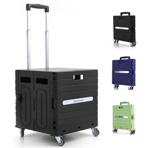 Folding Utility Cart Black Portable Rolling Crate Handcart Foldable Shopping Trolley Collapsible, with Lid, on Wheels, for Grocery, Garden, Office, Storage, Teacher, Tool (Black)