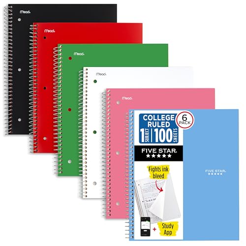 Five Star 1 Subject Spiral Notebook with Study App, 100 Sheets, College Ruled, 8.5x11, Assorted Colors, 6 Pack