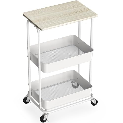 Simple Houseware 2-Tier Rolling Utility Cart with Lockable Wheels and Wood Top, Metal Storage Organizer Trolley for Kitchen, Bathroom, Office, Craft Room, Maple