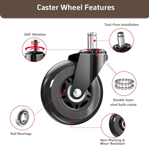 ASHGOOB 3-Inch Office Chair Wheels Set of 5 Black – Heavy Duty Casters, Quiet & Floor-Friendly