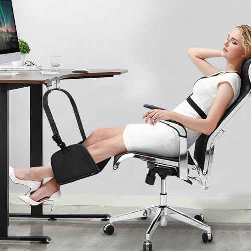 Airplane Foot Rest, Office Footrest Under Desk with 4 Hooks, Widen Airplane Footrest Flight Hammock Memory Foam Travel Foot Sling for Work Gaming Travel Essentials, Black
