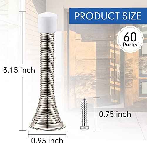 Newwiee 60 Pack Spring Door Stopper Bulk with Rubber Bumper 3.35¡®' Flexible Spring Heavy Duty Wall Door Stop Low Mounted for Home Bedroom Bathroom (Silver)