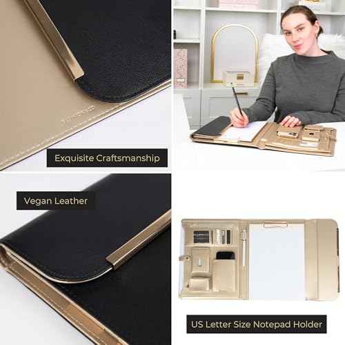 BLU MONACO Black Vegan Leather Portfolio Binder for Women - Professional Padfolio with Magnetic Closure & Gold Trim, Business Organizer Case