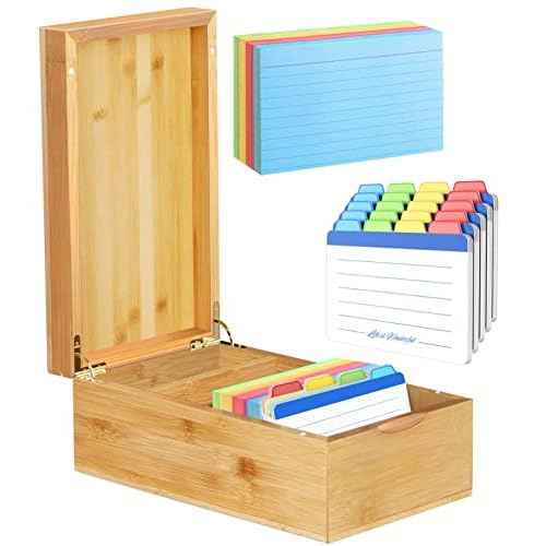 Neando Bamboo Index Card Holder for 3x5 Cards ? Wooden Organizer with Lid, 4 Compartments, 600-Card Capacity, Includes 20 Thick Index Cards & 200 Note Cards? Natural Desktop Filing Box