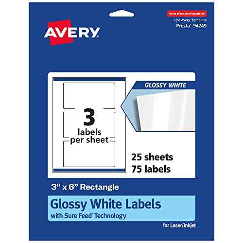 Avery Glossy White Rectangle Labels, Sure Feed Technology, 3" x 6", 75 Glossy White Labels, Print-to-The-Edge, Permanent Adhesive, Laser/Inkjet Printable