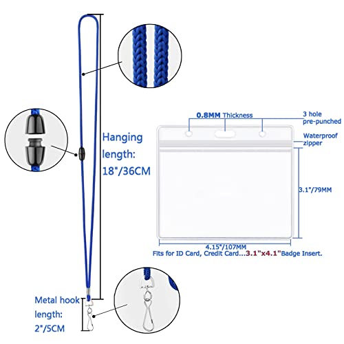 Badge Holder with Breakaway Lanyards,100 Pack Clear Plastic Horizontal Name Tag Holder with Safety Lanyard Heavy Duty Waterproof Resealable Zip PVC ID Card Holders (Blue Lanyards, 100 Pack)