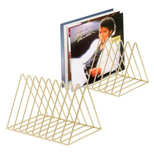 Skywin Record Organizer, 2 Pack Vinyl Rack Storage, Triangle File Organizer for Desk, Vinyl Record Rank Holds Up To 60 Albums, Space Saving Magazine Holder (Gold)
