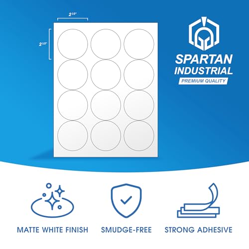 2.5" Circle Printable Labels Compatible with Inkjet and Laser Printers - 500 Sheets, 6000 Matte White Round Stickers for Product Labeling, Packaging, Organization - Spartan Industrial Template C005