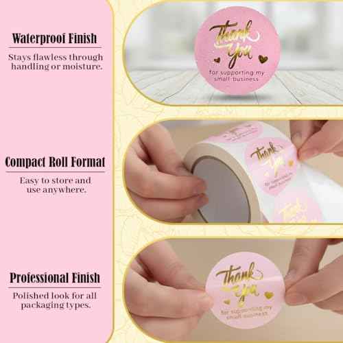 Pink Thank You Stickers Gold Foil ? 500 Waterproof 1.5¡± Round Labels for Small Business Packaging, Custom Thank You Labels for Envelopes, Gift Bags, Boxes, Cards & Orders