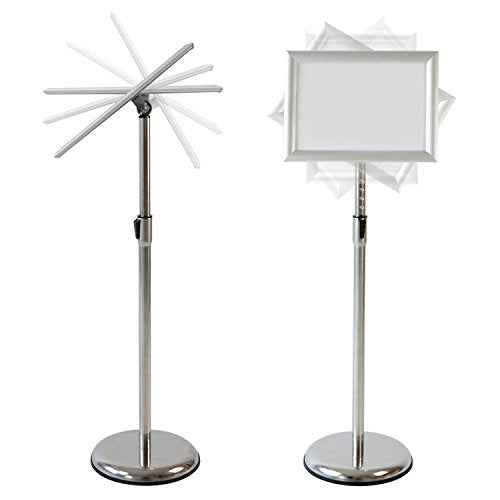 T-SIGN Adjustable Pedestal Sign Holder Poster Stand - 11 x 17 Inch Vertical & Horizontal Sign Stand Displayed Poster Holder - Round Base Sign Stands for Display, Outdoor Sign Holder - Silver