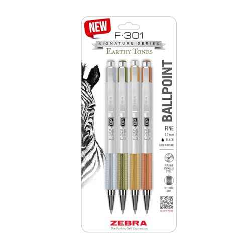 Zebra Pen F-301 Signature Series Retractable Ballpoint Pen, 0.7mm, Black Ink, Durable Stainless-Steel Barrel with Earthy Tones Accents, Assorted Barrel Accents, 4-Pack (27304)