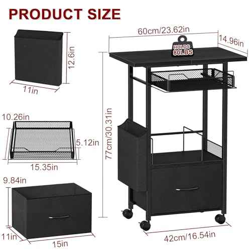 Mobile 3-Tier Printer Stand with 2-Drawer File Cabinet, 24 Extended Desktop & Lockable Wheels, Adjustable Rolling Cart for Home Office Storage (Black)